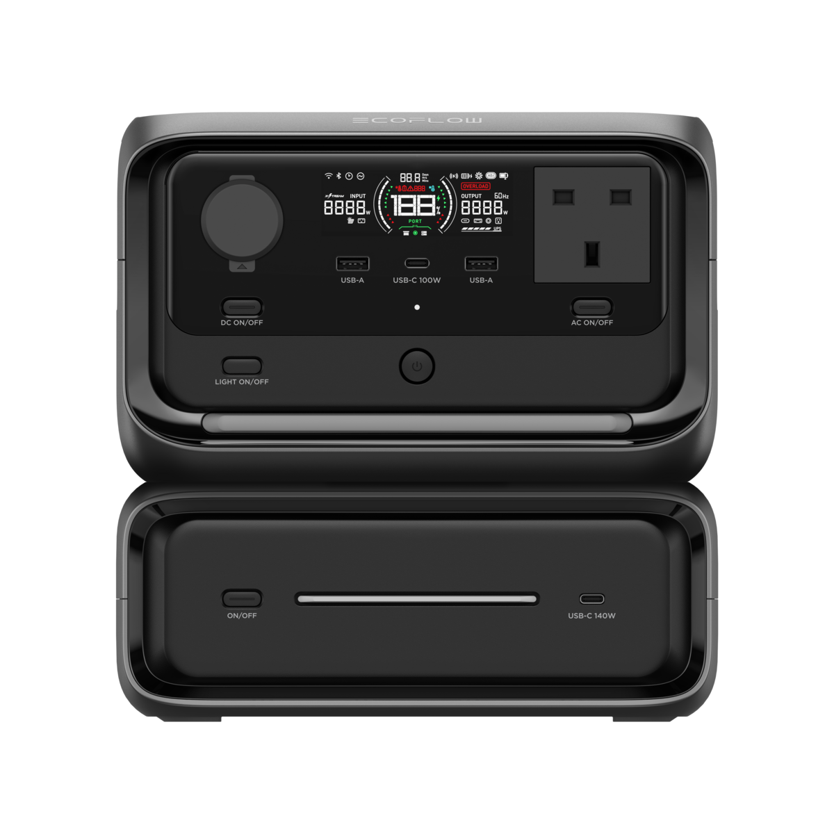 Portable EcoFlow power station with multiple USB, AC outlets, and digital display for reliable off-grid energy solutions in Ireland.