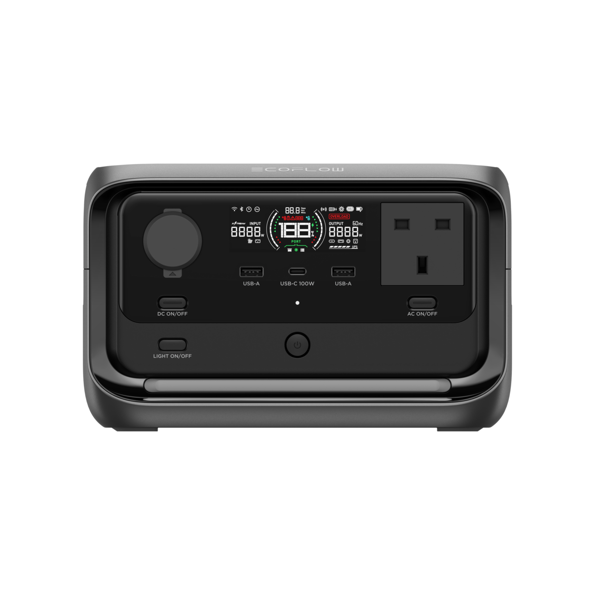 Portable eco-friendly power station with multi-USB ports, AC outlet, and LCD display for solar and battery power management. Ideal for camping, outdoor activities, and emergency backup.