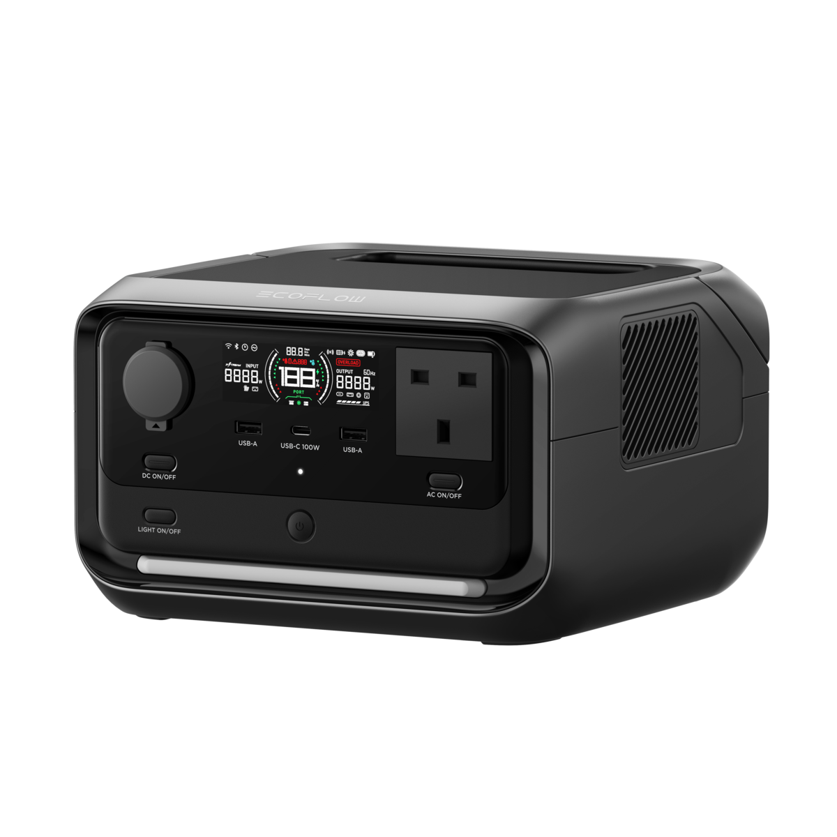 High-capacity portable power station with digital display, multiple USB ports, and AC outlets, ideal for home backup, camping, and off-grid energy solutions.