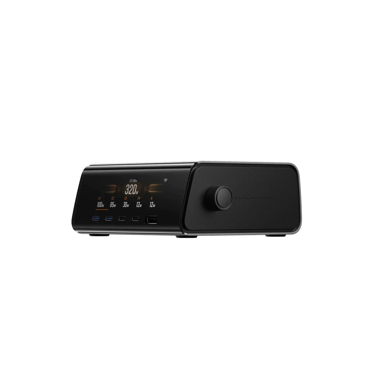 High-tech portable power station with digital display showing charging and power output levels, ideal for outdoor camping, emergencies, and renewable energy solutions.