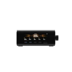 USB-C multi-port wall charger with digital display showing 320W power output, multiple charging ports for devices, sleek black design, ideal for fast charging at home or in the office.