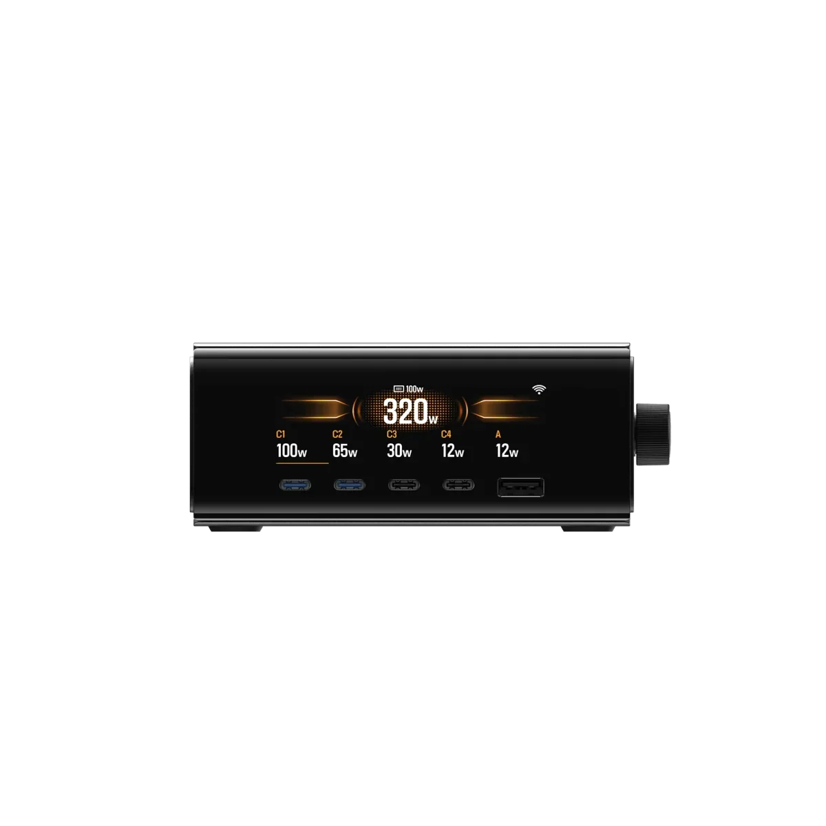 USB-C multi-port wall charger with digital display showing 320W power output, multiple charging ports for devices, sleek black design, ideal for fast charging at home or in the office.