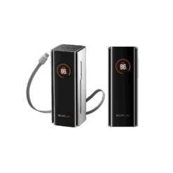 Portable eco-friendly power bank with fast charging display for outdoor and emergency use.