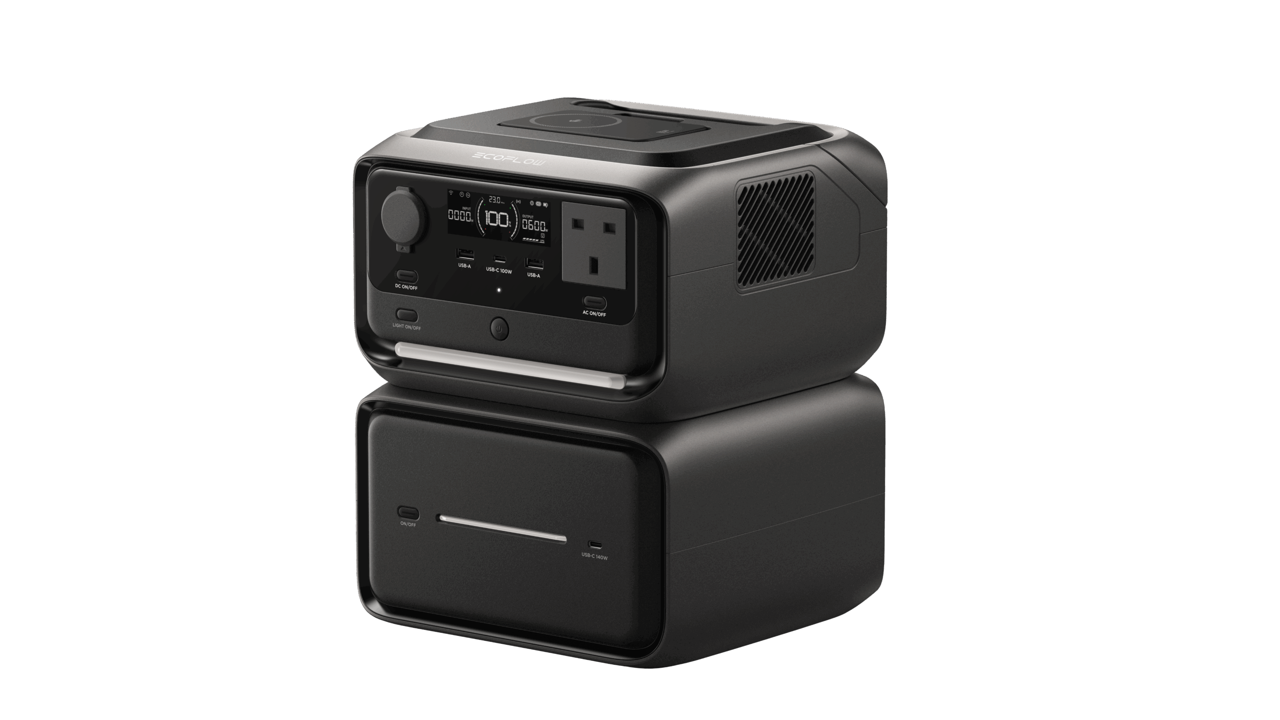 Portable EcoFlow power station with multiple charging ports and digital display, ideal for outdoor and emergency use.
