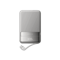 Power bank with digital display showing 100% charge, eco-friendly portable battery for mobile devices, outdoor use, and emergency backup by EcoFlow Ireland.
