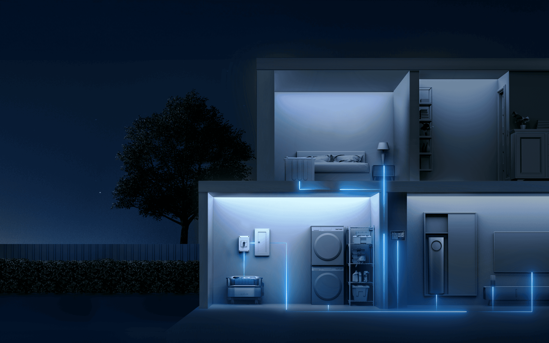 EcoFlow Delta Pro Ultra connected to a home integration system, supplying backup power to a house during an outage in Ireland.